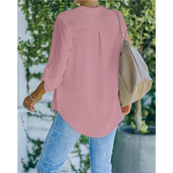 Womens Casual V Neck Shirts Cuffed Sleeves Chiffon Blouses Loose Solid Work Tops - Picture 2 of 5